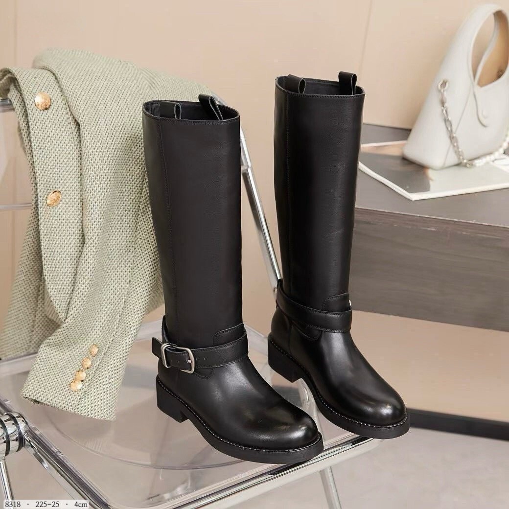 8318 韓國純色牛皮側扣帶直筒長靴
