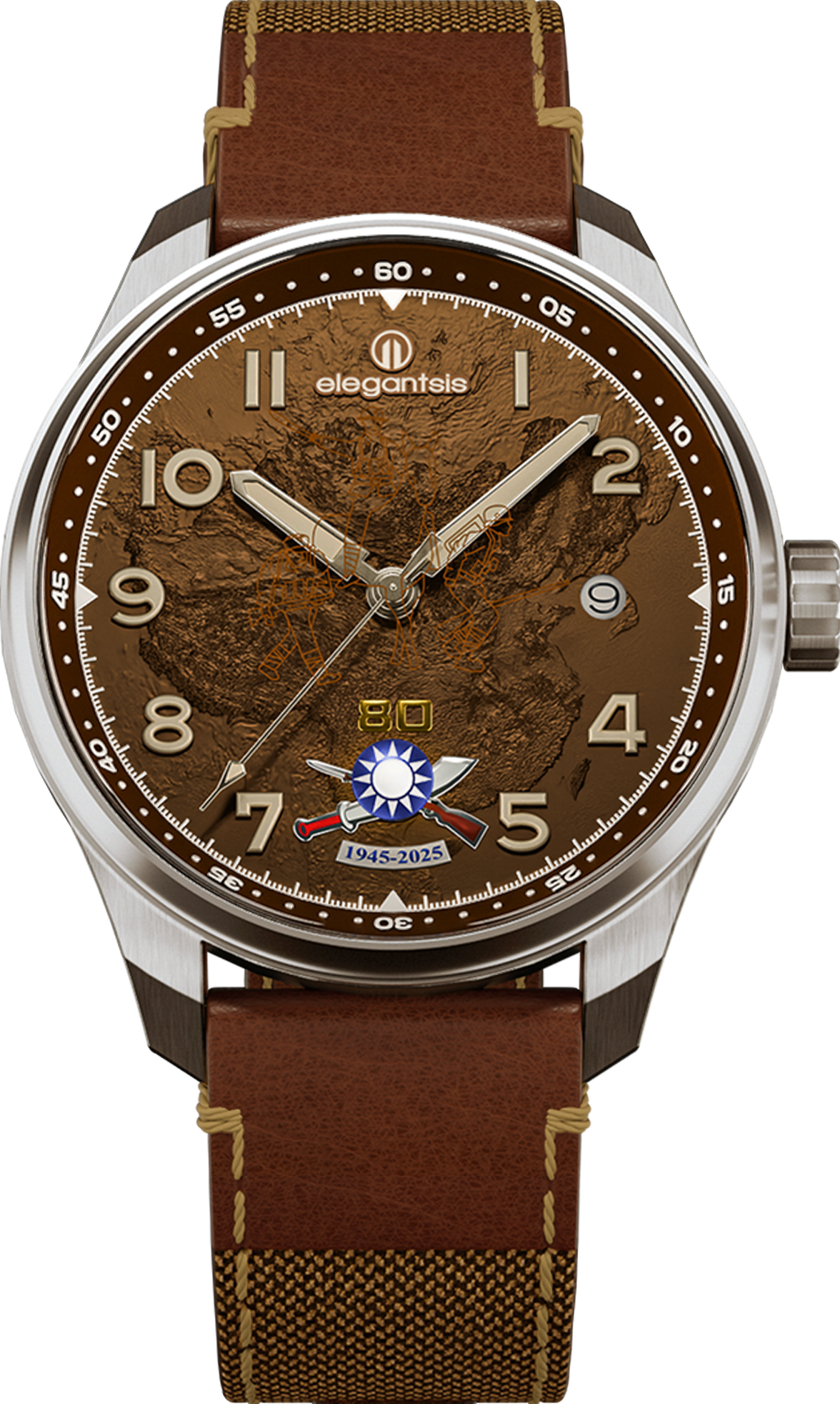 萬年鐘錶 - elegantsis 愛樂時 80週年抗戰勝利限定自動機械皮革男錶  ELJO42AS-SJW80-NB02LC  錶徑 : 42MM