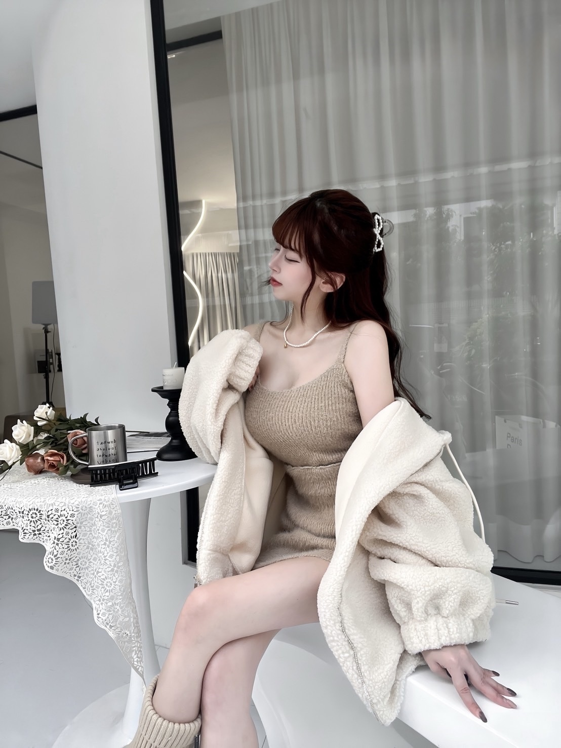 🇹🇼小熊餅乾|羊羔毛連帽長版彈性縮口外套