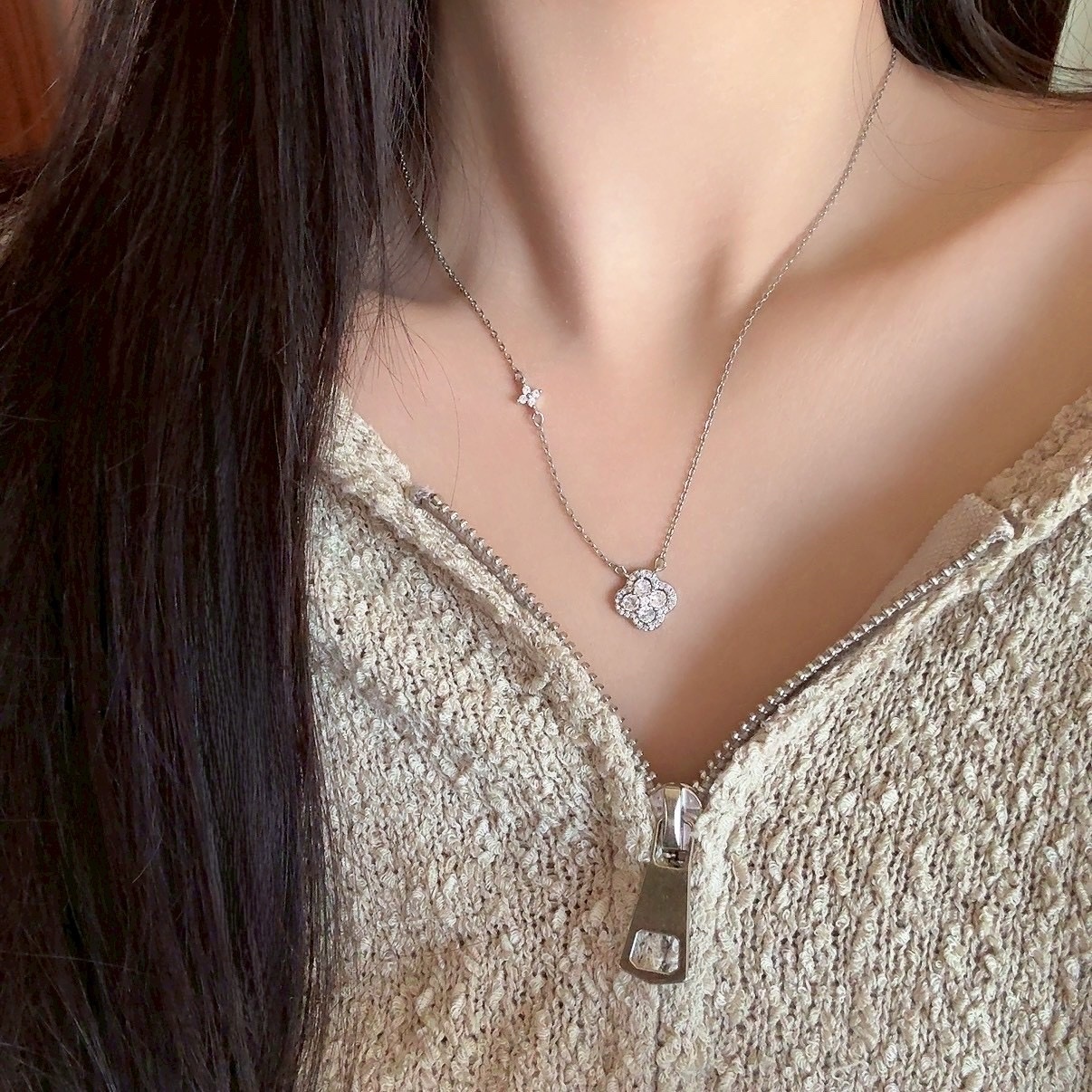 Gy”Opulent高奢白金滿鑽四葉草’小老花項鍊