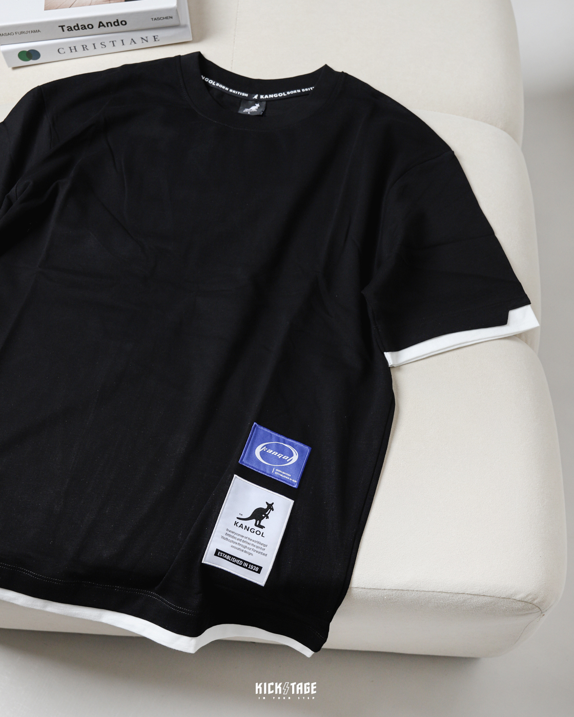 男女款 KANGOL TEE 黑色 英國 袋鼠 小LOGO 休閒 寬版 假兩件 短T【6325102520】