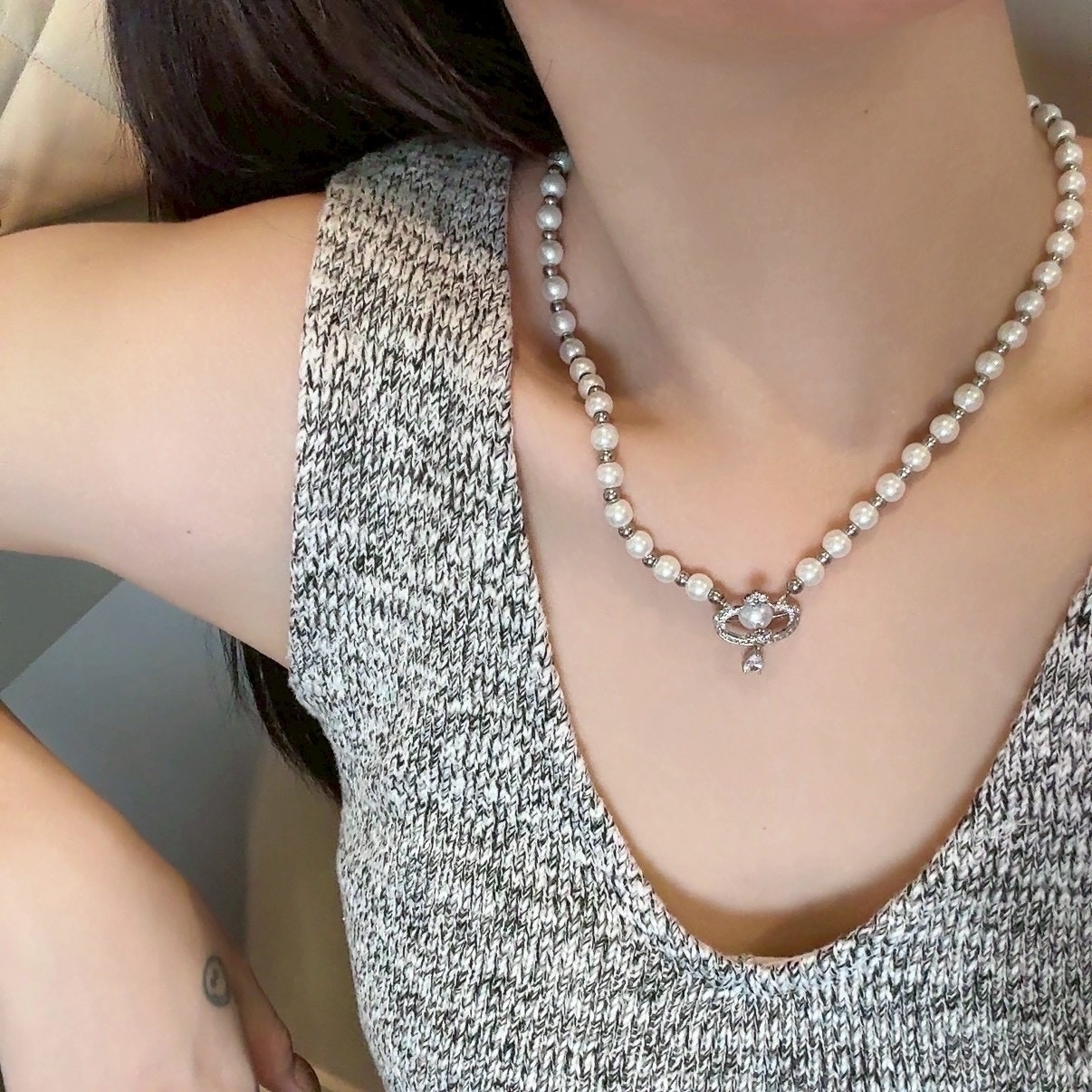 白銀珍珠土星水滴鑽choker /項鍊