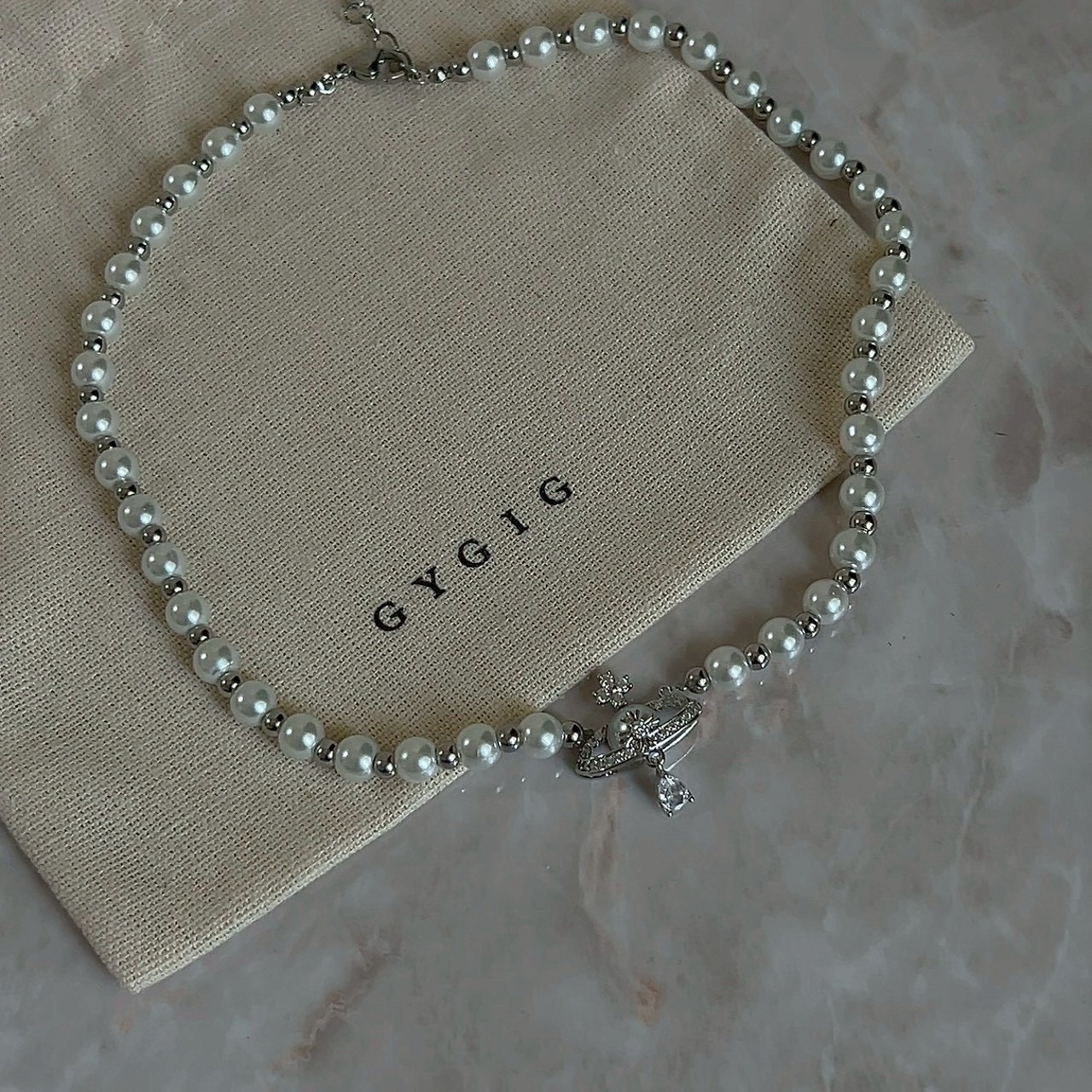 白銀珍珠土星水滴鑽choker /項鍊