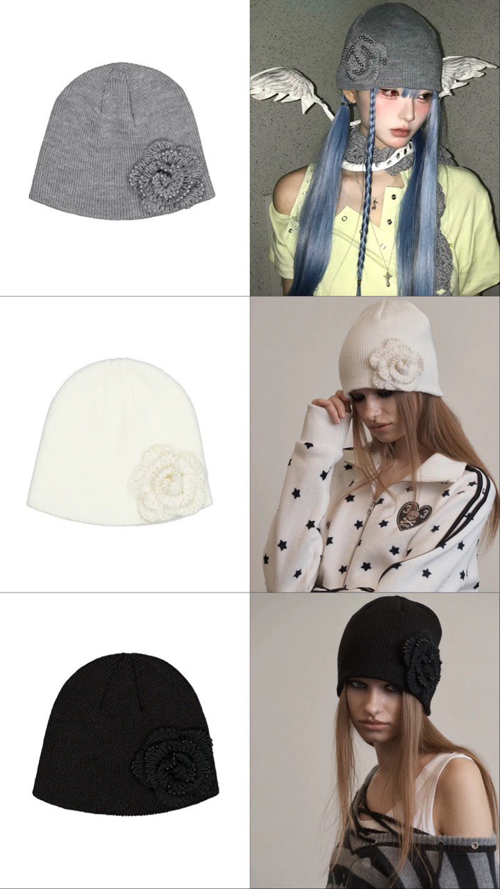 WEBHOUSE】PEARL CORSAGE BEANIE [ Black / Gray / Ivory ]