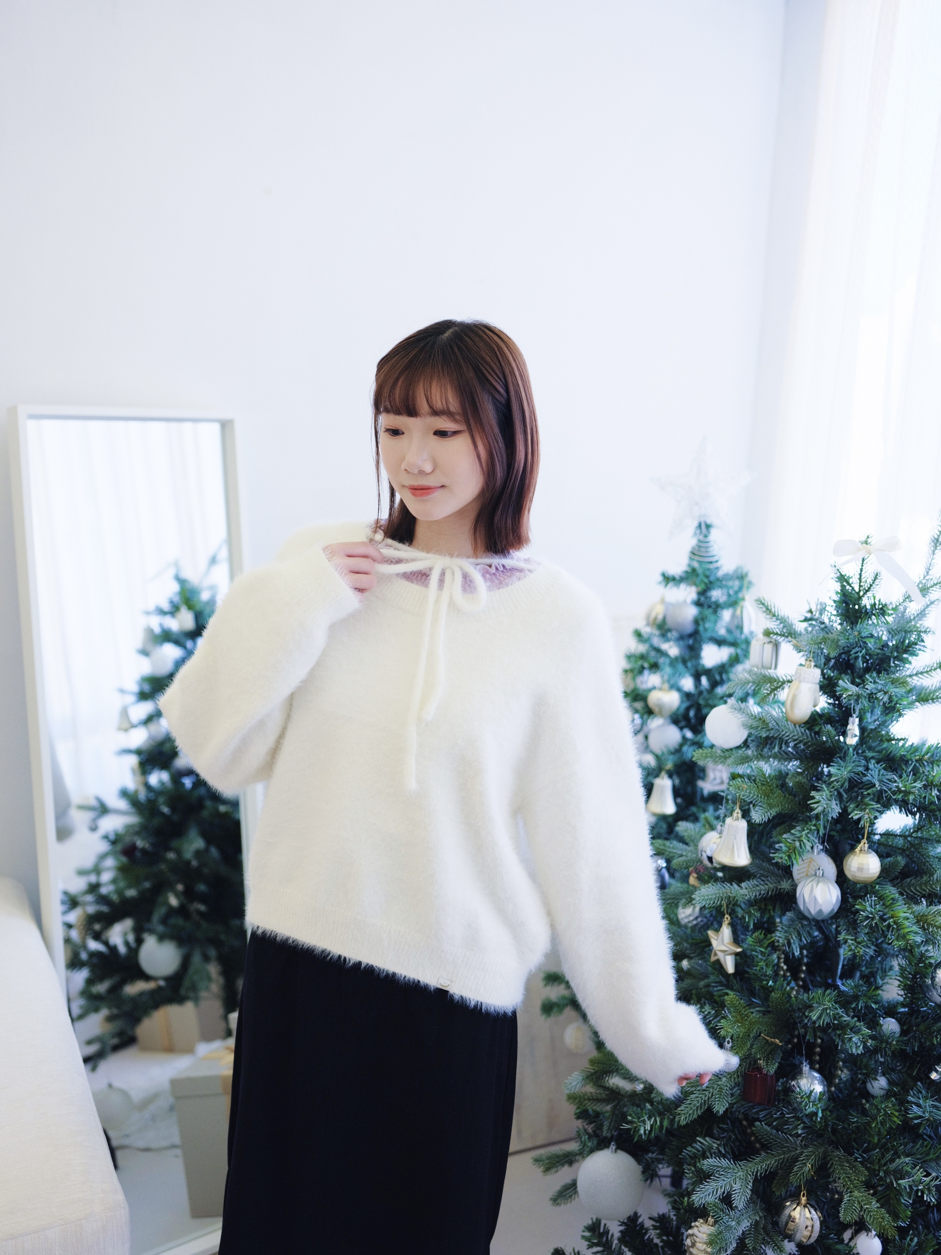 【🌿新色加入 ! 】四色 / 長貂毛感小蝴蝶結毛衣 / Fluffy Angora-Look Ribbon Knit Sweater