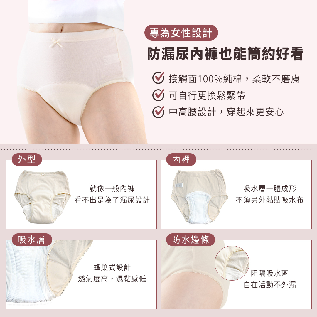 專為女性設計的漏尿內褲,接觸層100%純棉,柔軟不磨膚,可自行更換鬆緊帶。