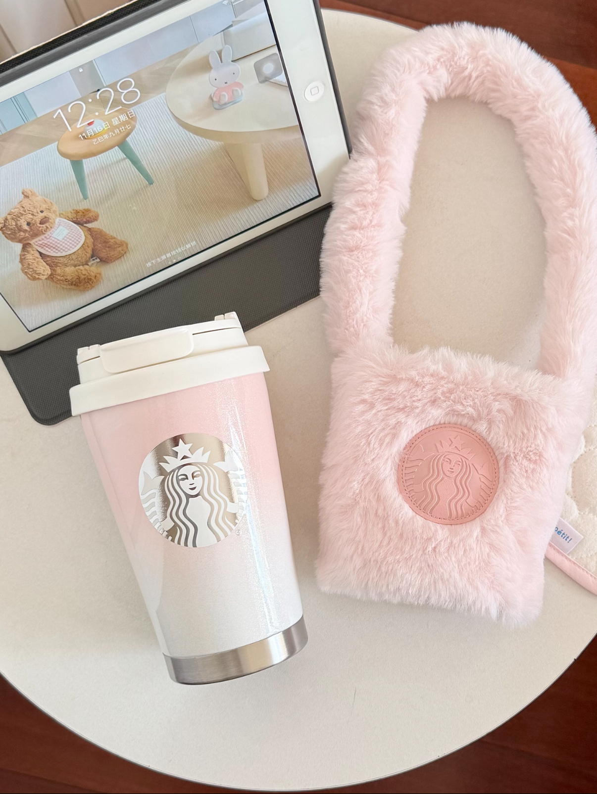 本週限時接單!! Starbucks 星巴克 正版授權 甜粉漸變系列 不銹鋼隨行杯組合 粉色 粉白色 保溫杯 絨毛杯套 380ml/預購