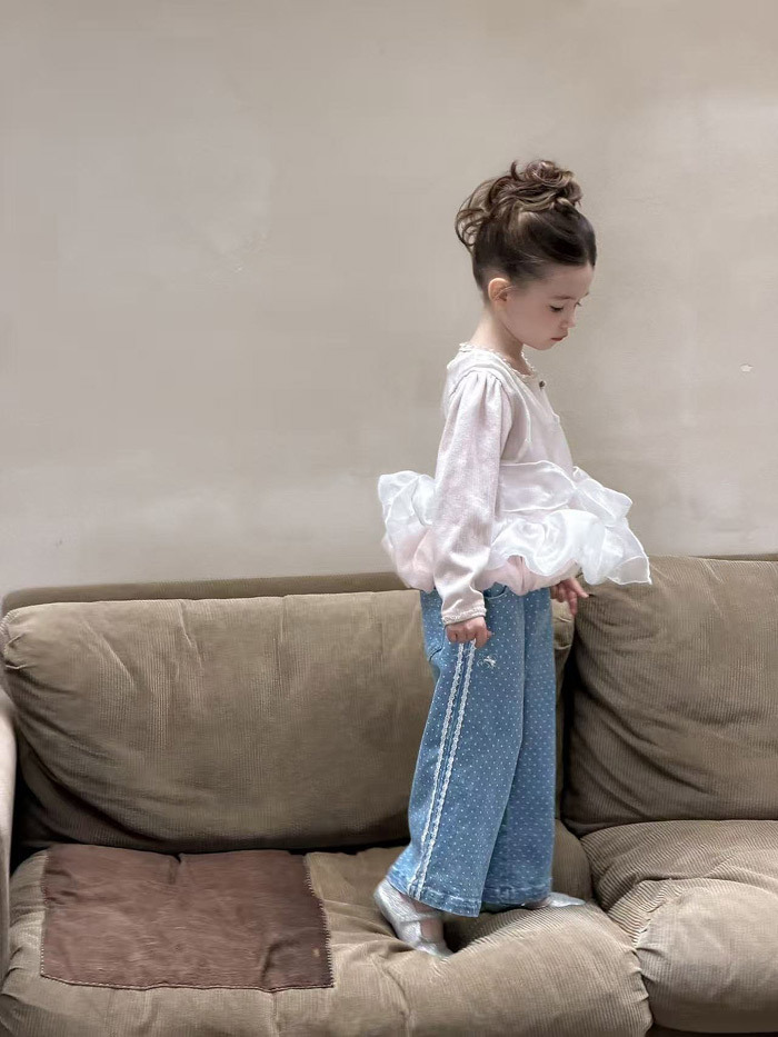 正韓春aiai 點點蕾絲側邊直筒褲