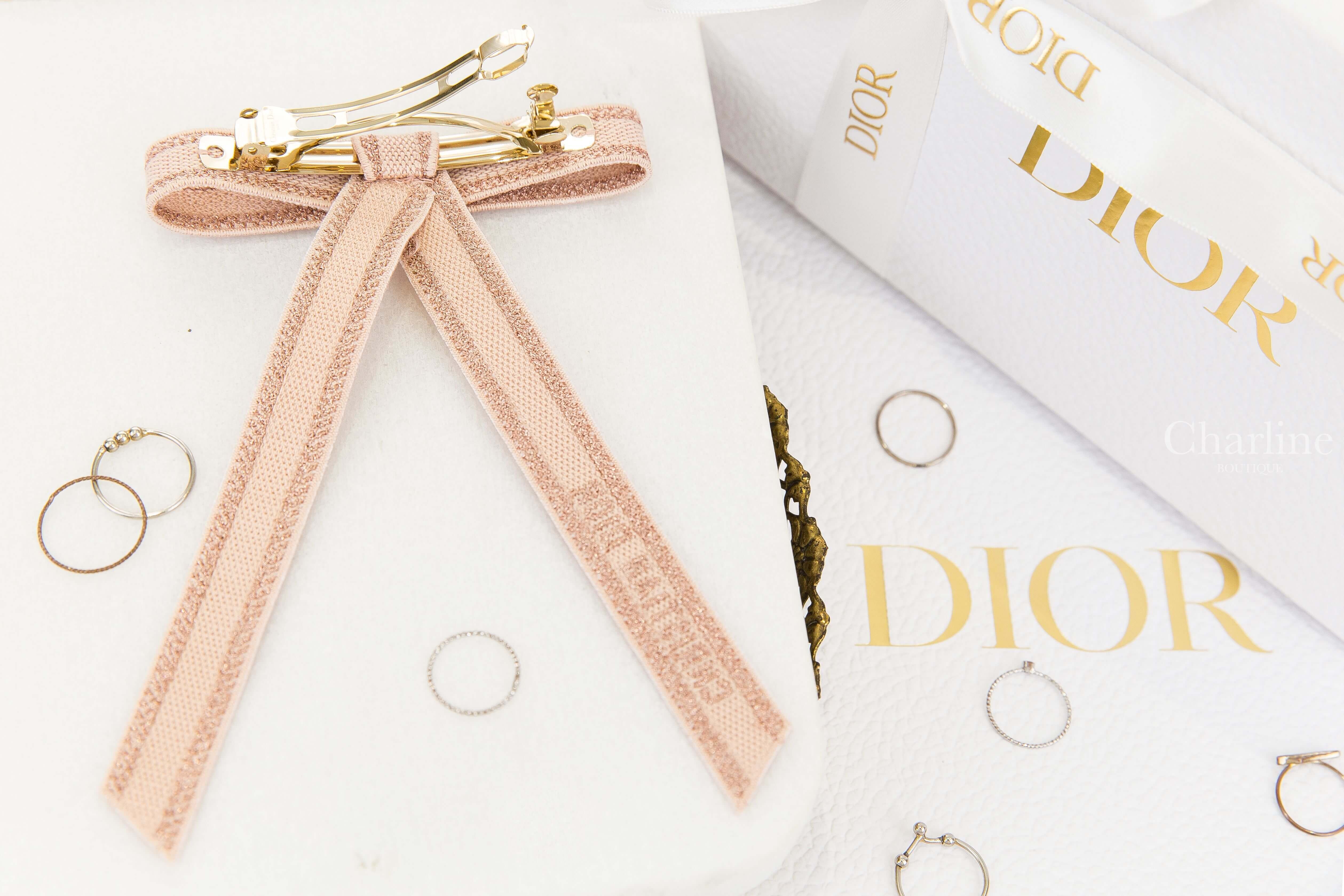 Dior Christian Dior Embroidered Dior Twist Bow 粉色金蔥線條滾邊刺繡字母蝴蝶結髮夾-Charline Boutique 精品代購