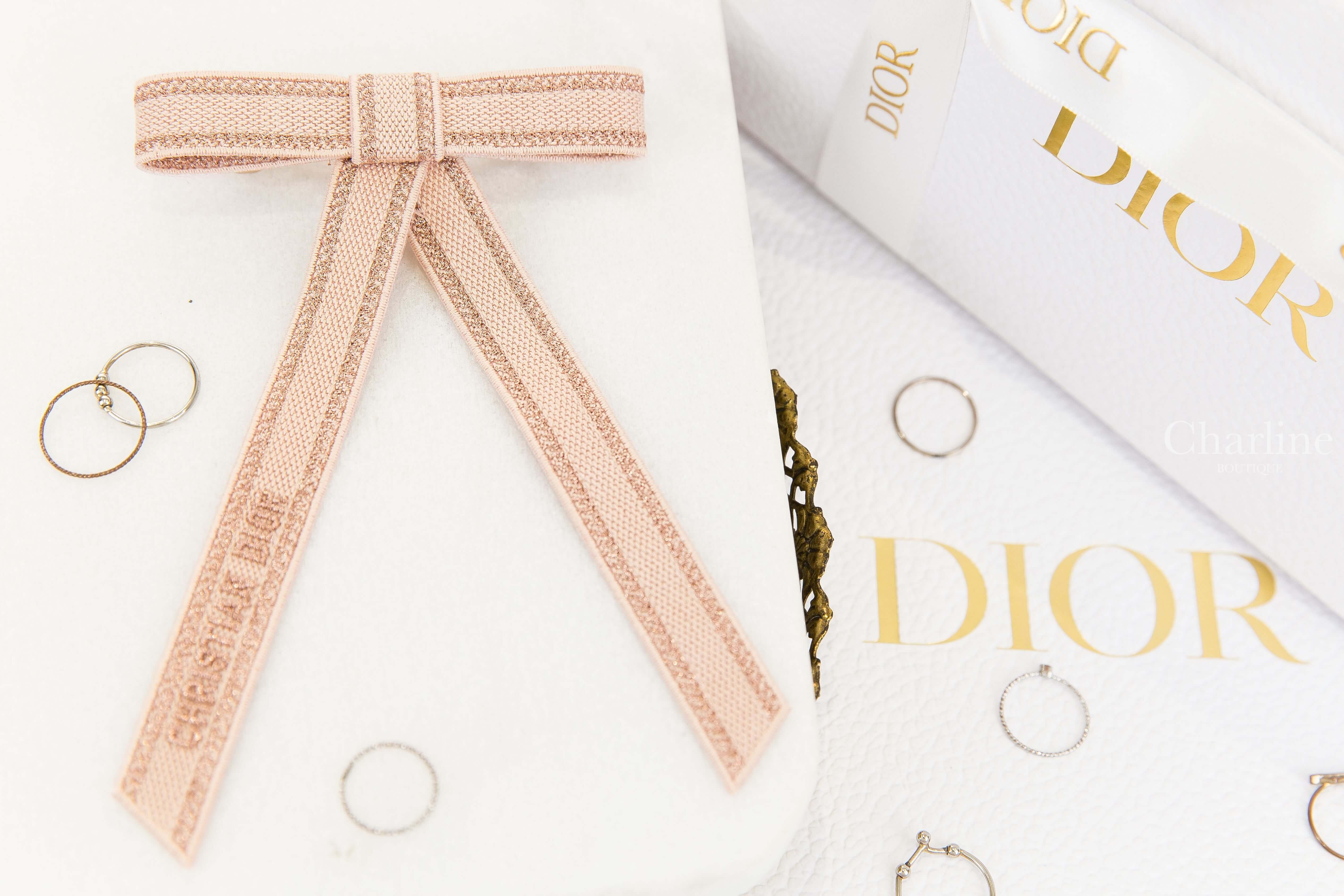 Dior Christian Dior Embroidered Dior Twist Bow 粉色金蔥線條滾邊刺繡字母蝴蝶結髮夾
