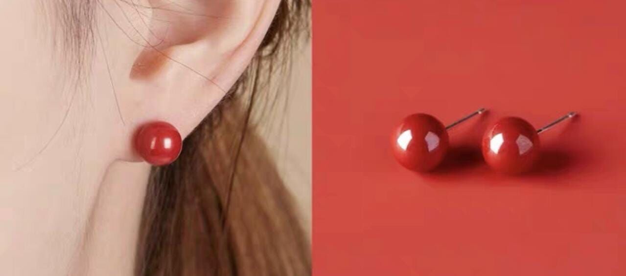 HKHF1222-028 帝皇硃砂8mm圓珠耳釘耳環(經師傅開光) (A28)