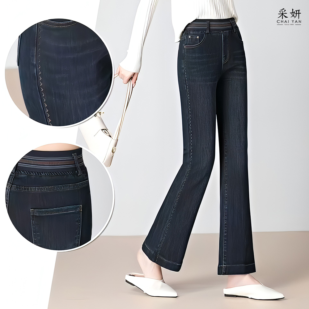 波浪刺繡鬆緊帶微喇牛仔褲