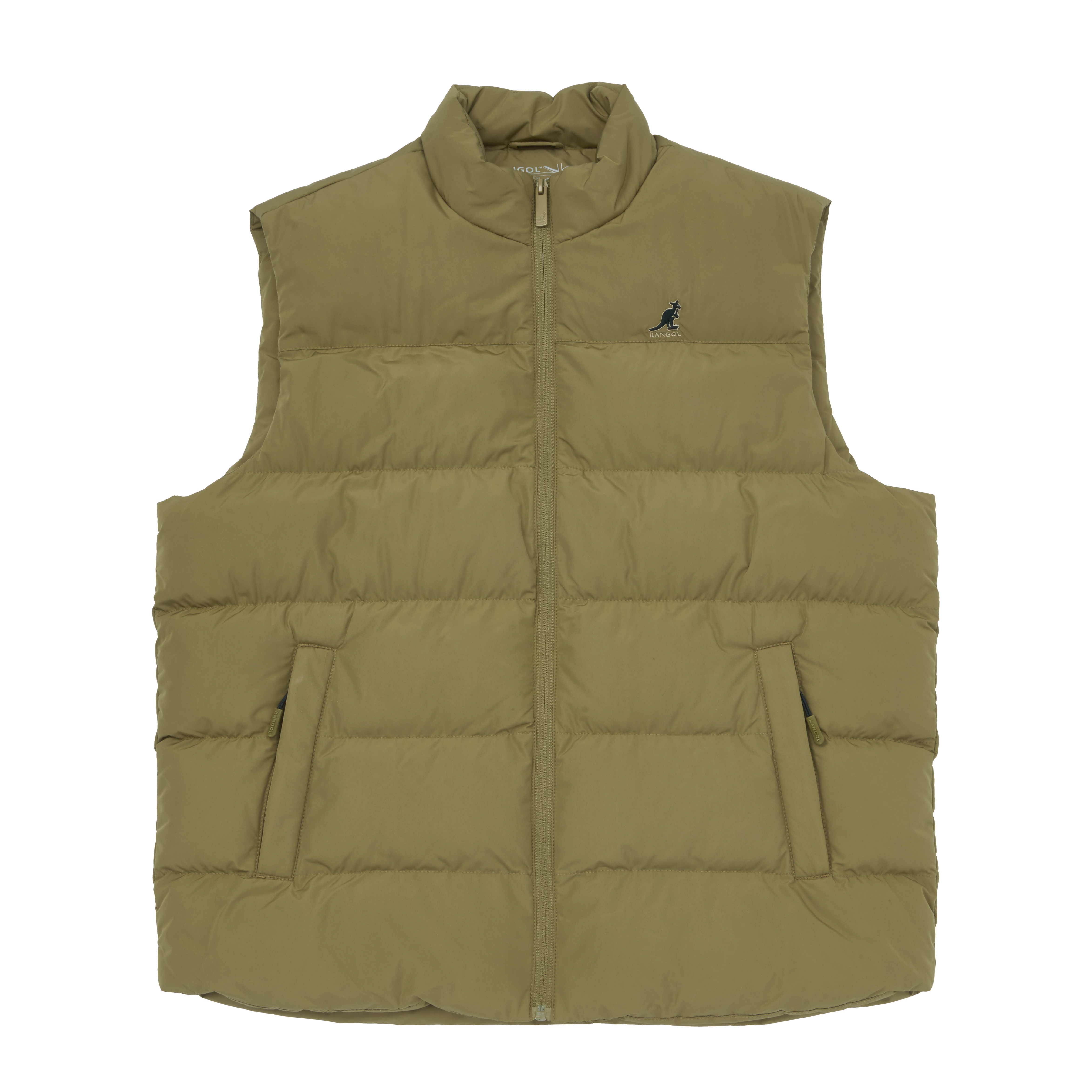 男女款 KANGOL 深卡其 英國 袋鼠 刺繡 拉鍊 保暖 鋪棉 背心【6455148030】