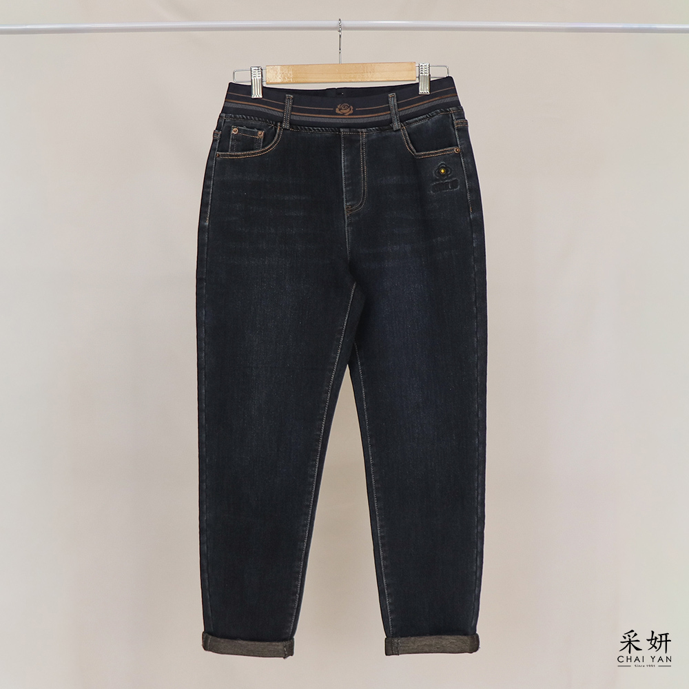 花朵錐形捲管九分牛仔褲