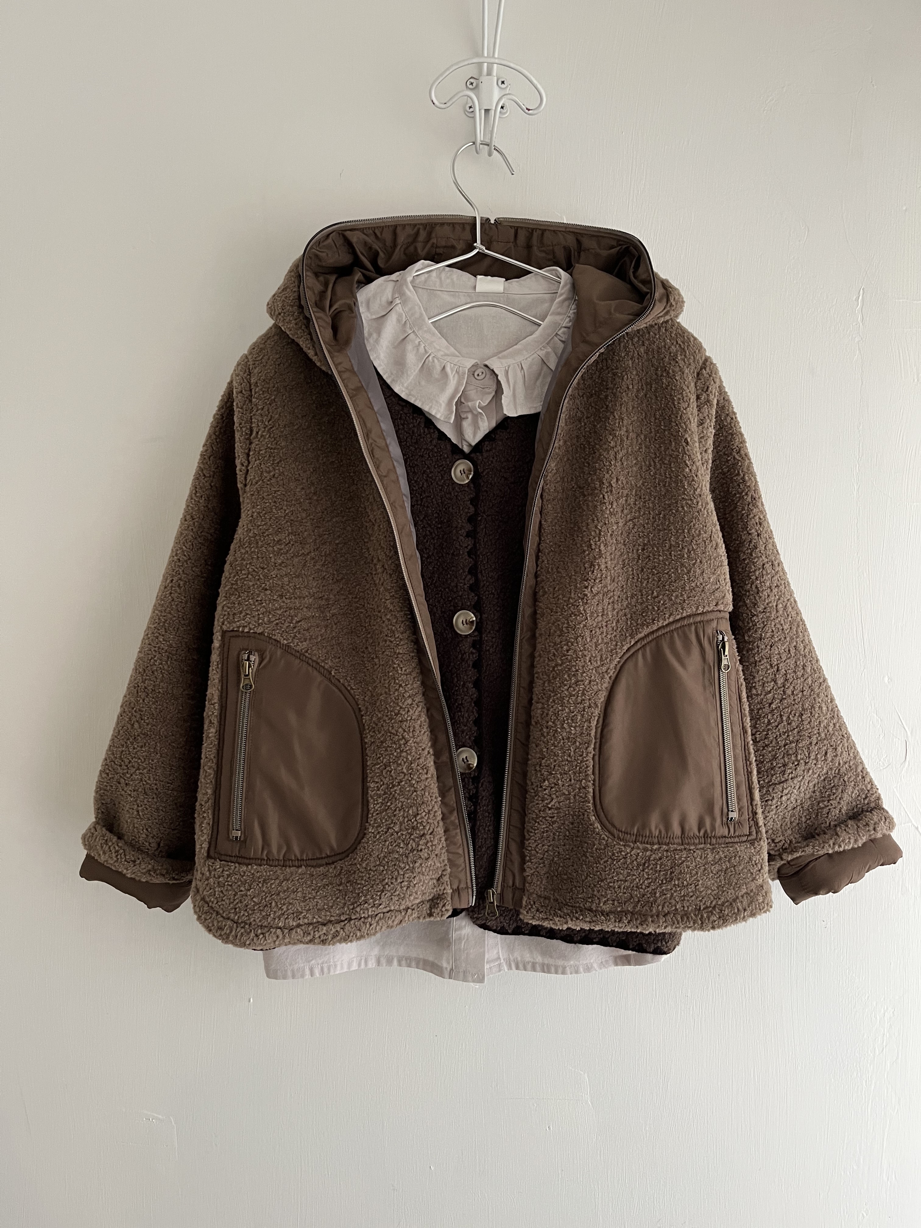 Rosase cloud啡色羊羔毛拼布有帽褸