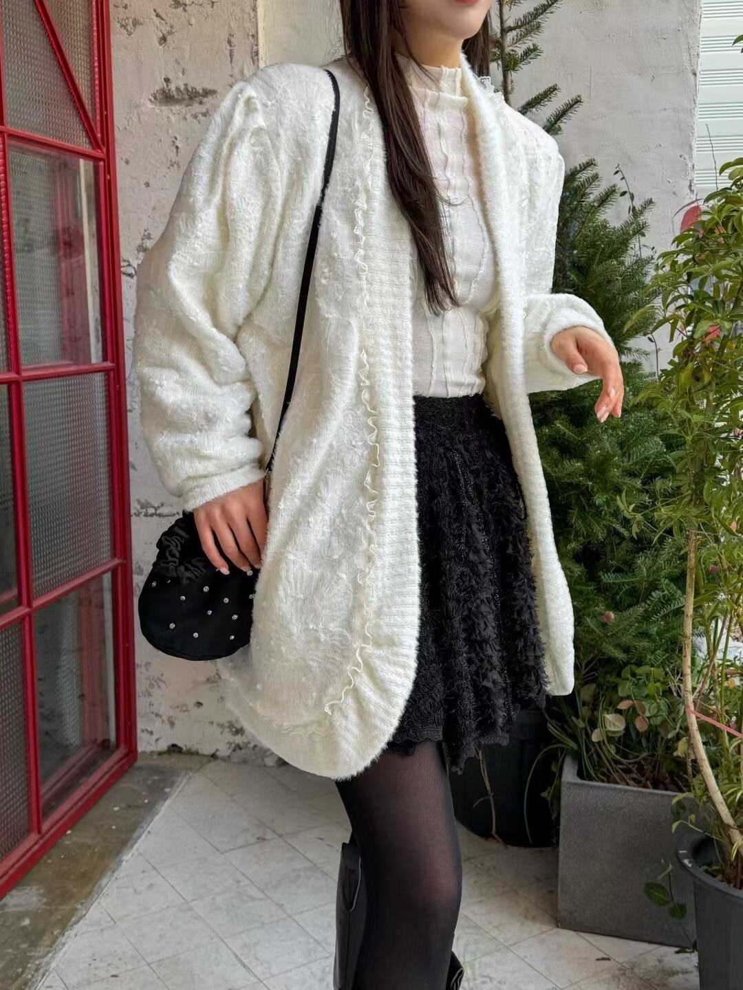 浪漫花朵蕾絲長版開襟針織外套 / 2色