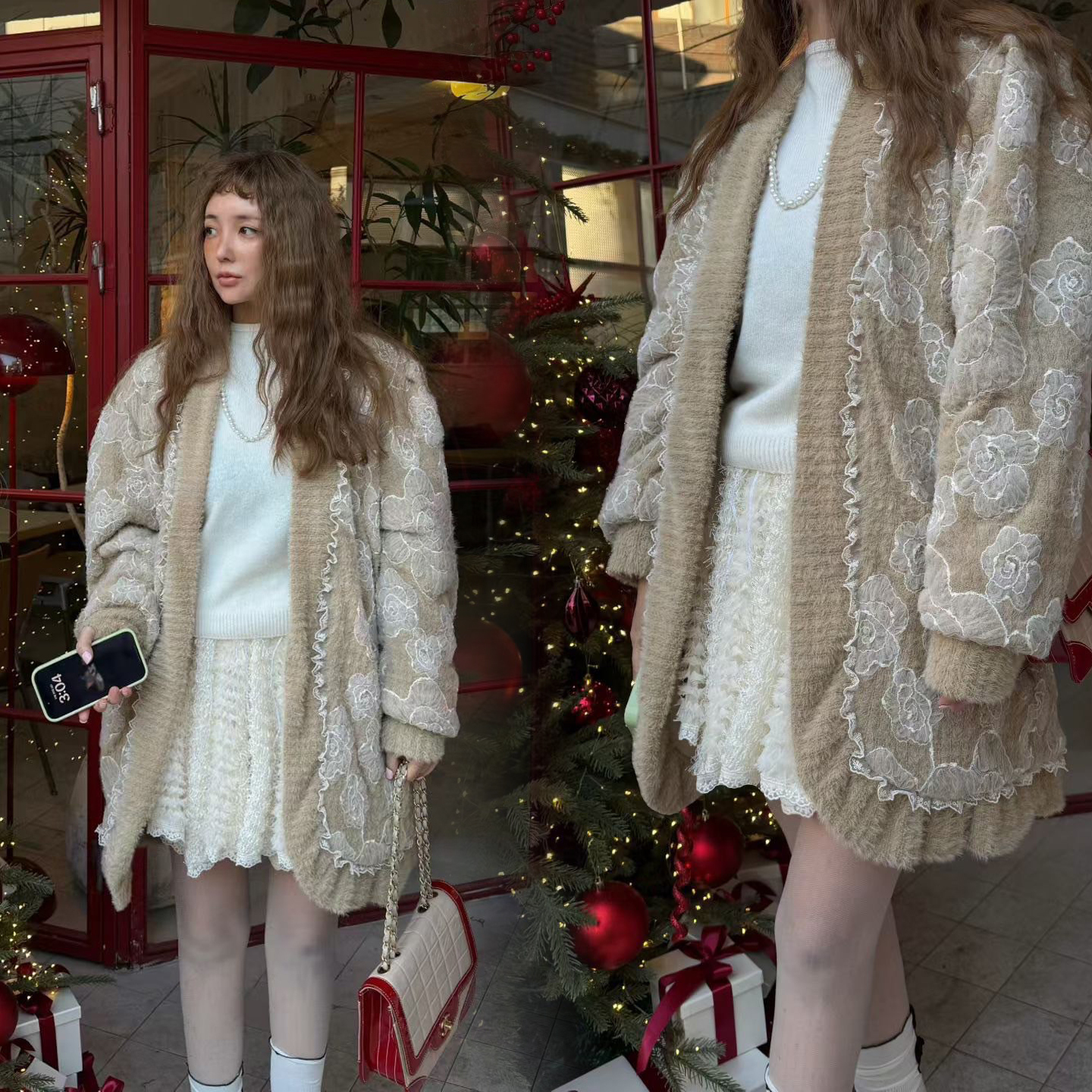 浪漫花朵蕾絲長版開襟針織外套 / 2色