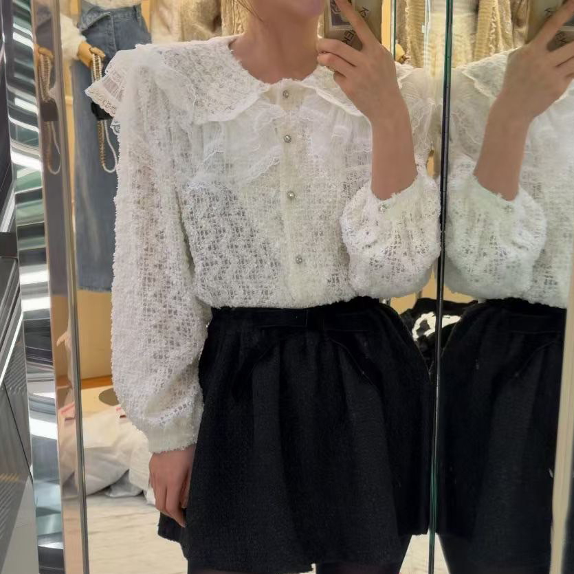 雲朵白蕾絲拼接荷葉歐根紗領片上衣
