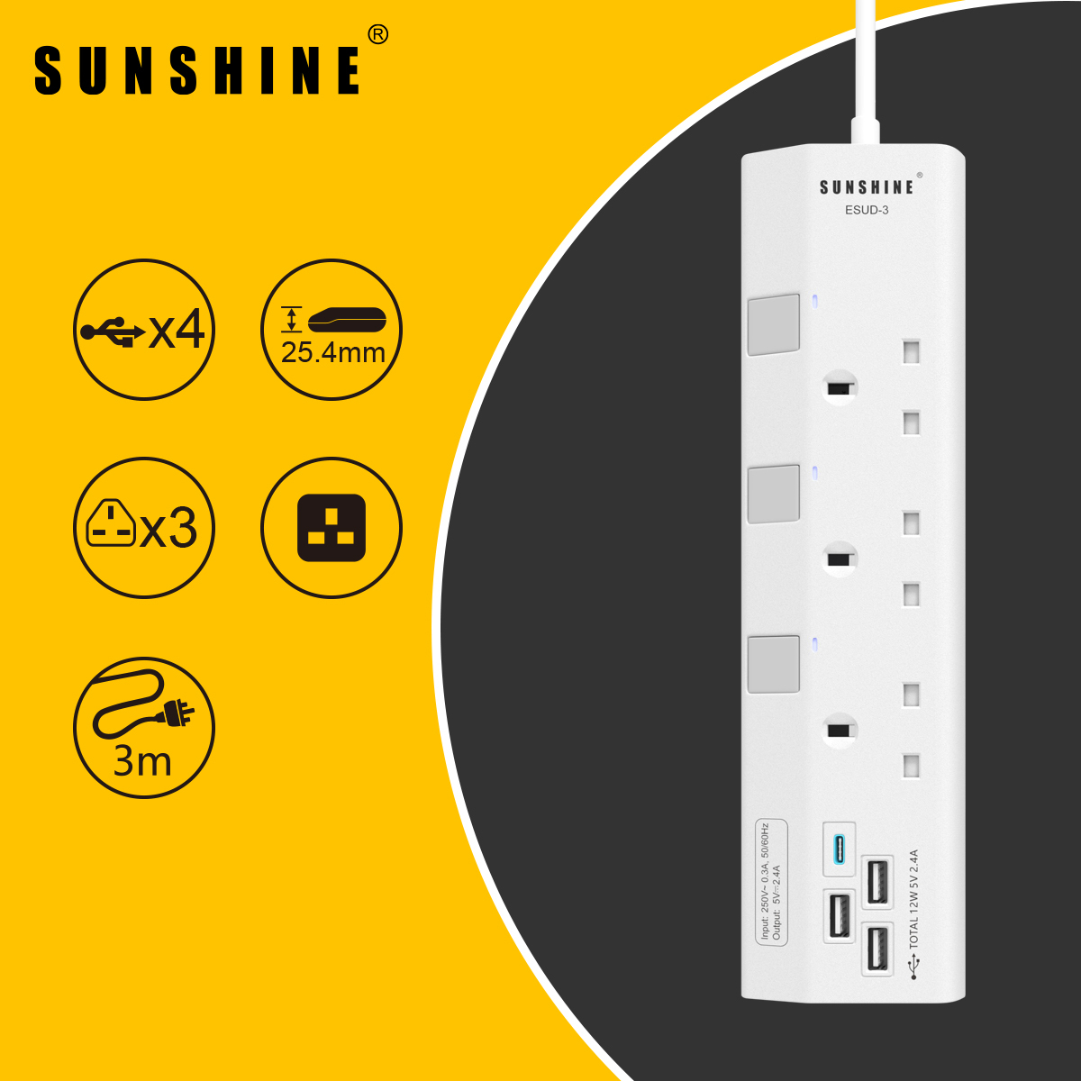 13A獨立提示燈開關拖板+USB 1C3A充電位 (連3米線) (ESUD)