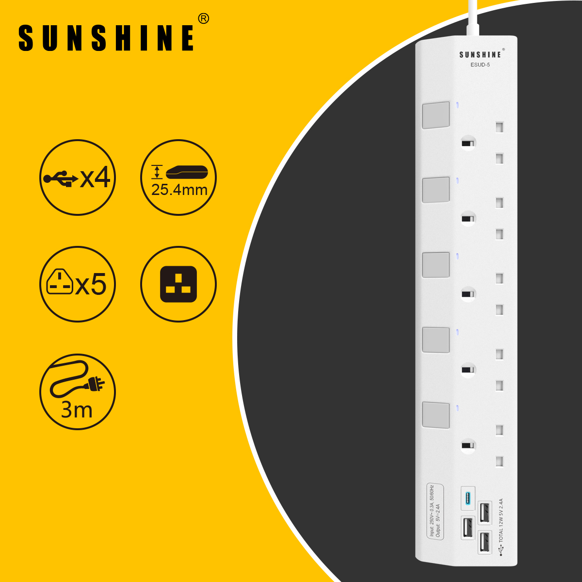 13A獨立提示燈開關拖板+USB 1C3A充電位 (連3米線) (ESUD)