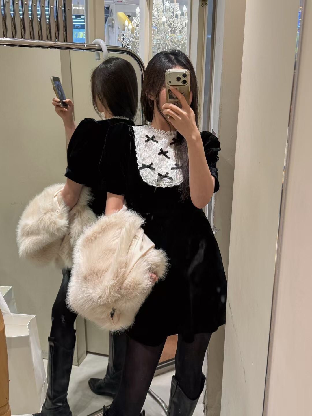 經典黑可愛蝴蝶結造型絲絨質感短洋裝