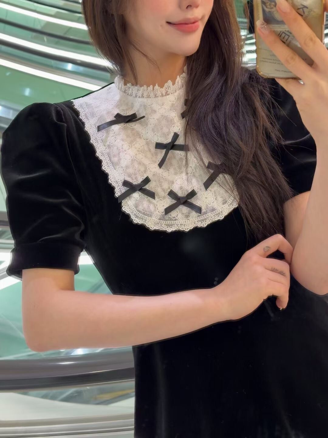 經典黑可愛蝴蝶結造型絲絨質感短洋裝