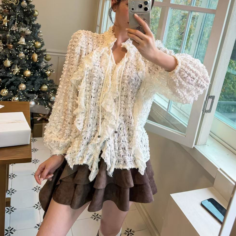 雲朵白浪漫抽鬚感蕾絲荷葉滾邊上衣