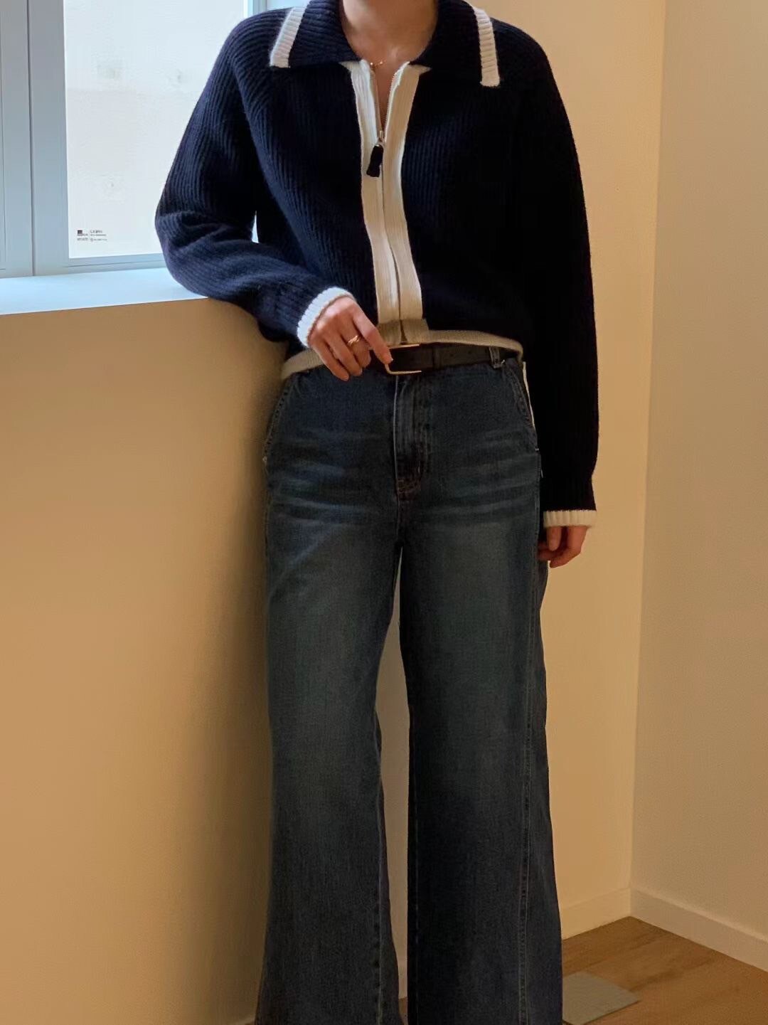 配色滾邊領片拉鍊造型上衣罩衫 / 2色