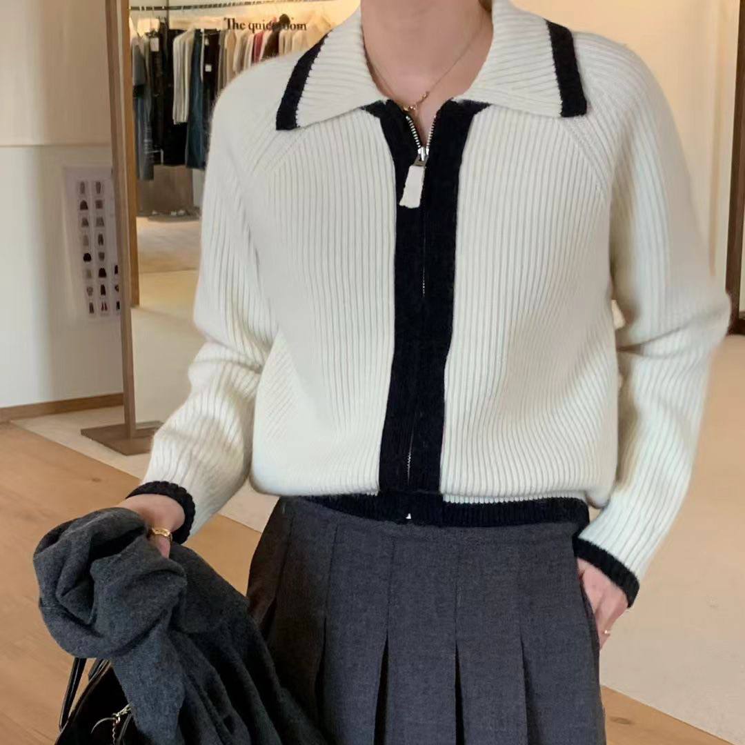 配色滾邊領片拉鍊造型上衣罩衫 / 2色