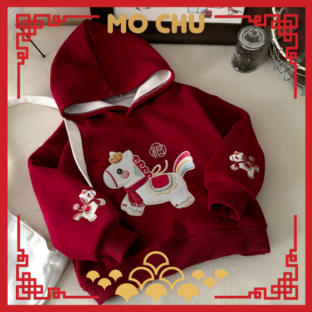 (120cm現貨)福氣馬加絨長袖連帽上衣