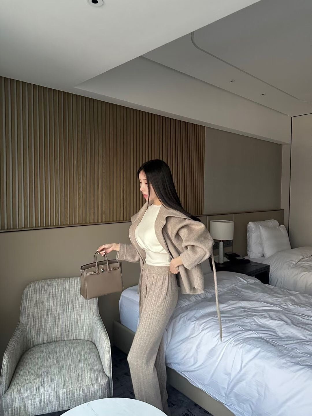 鬆緊腰同色洗綁帶織紋感針織長褲-F / 4色