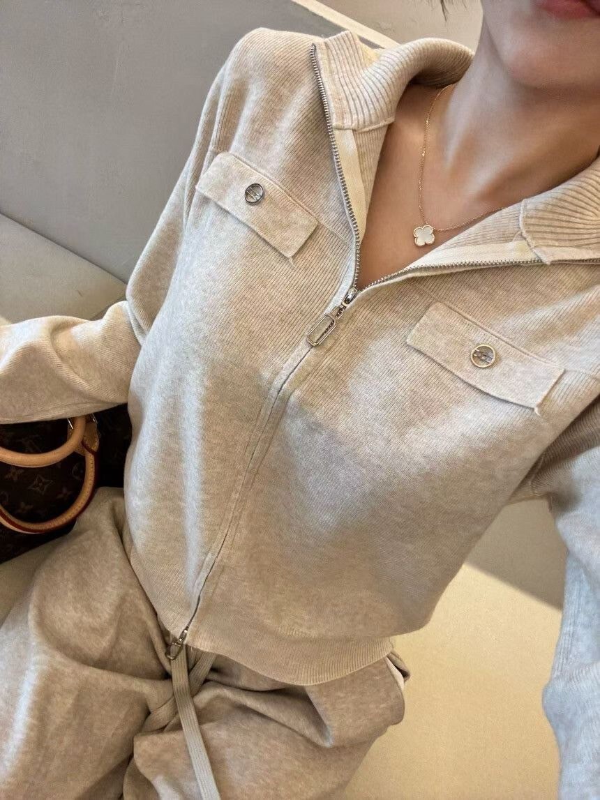 螺紋翻領拉鍊造型上衣罩衫+長褲SET / 4色