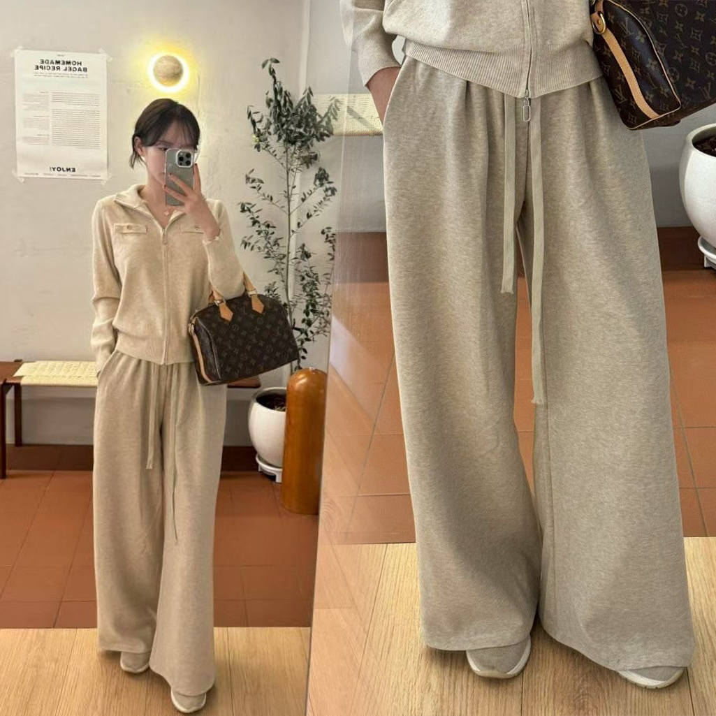 螺紋翻領拉鍊造型上衣罩衫+長褲SET / 4色