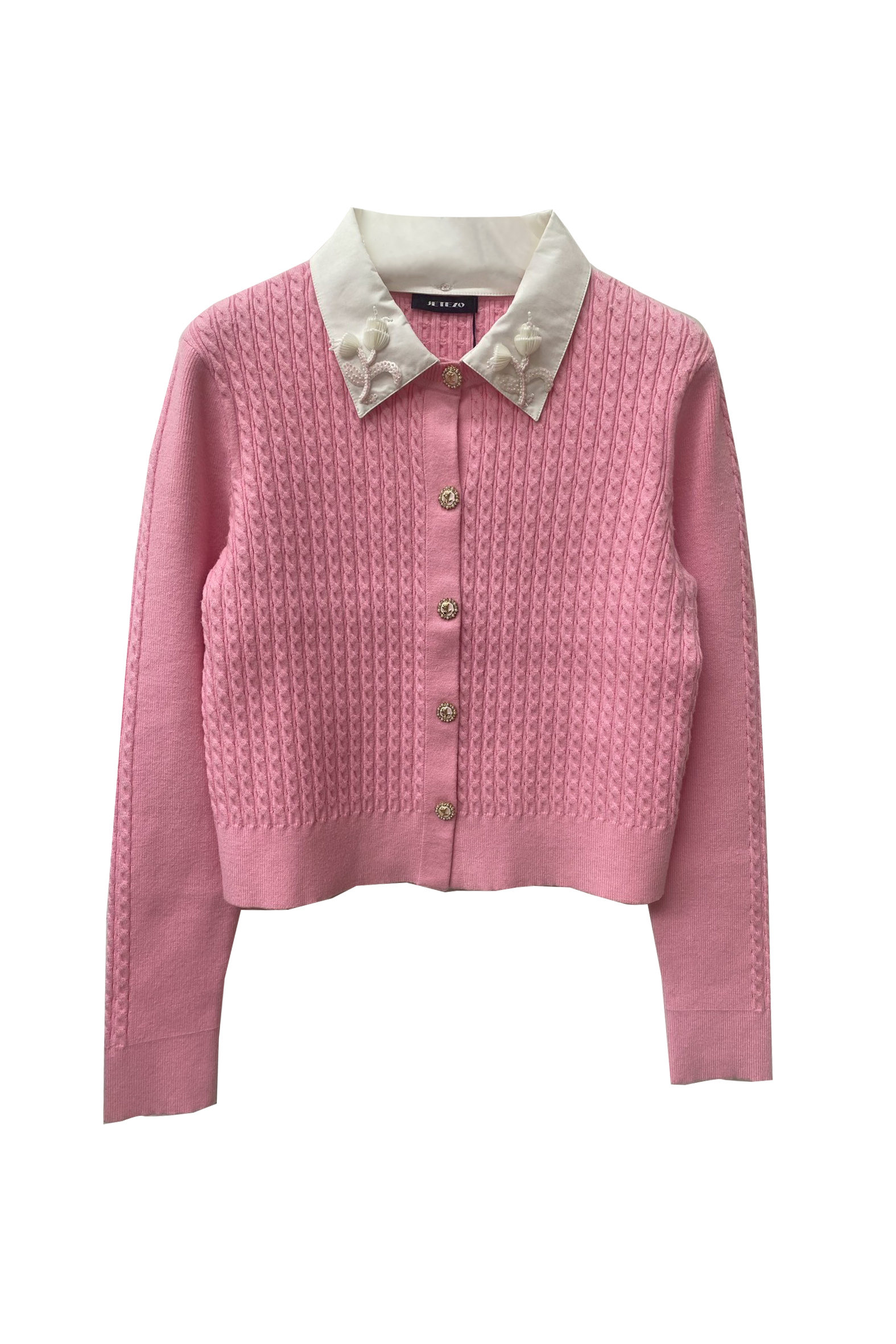 BE15253D1 靜甜輪廓立體花飾拼接翻領針織衫