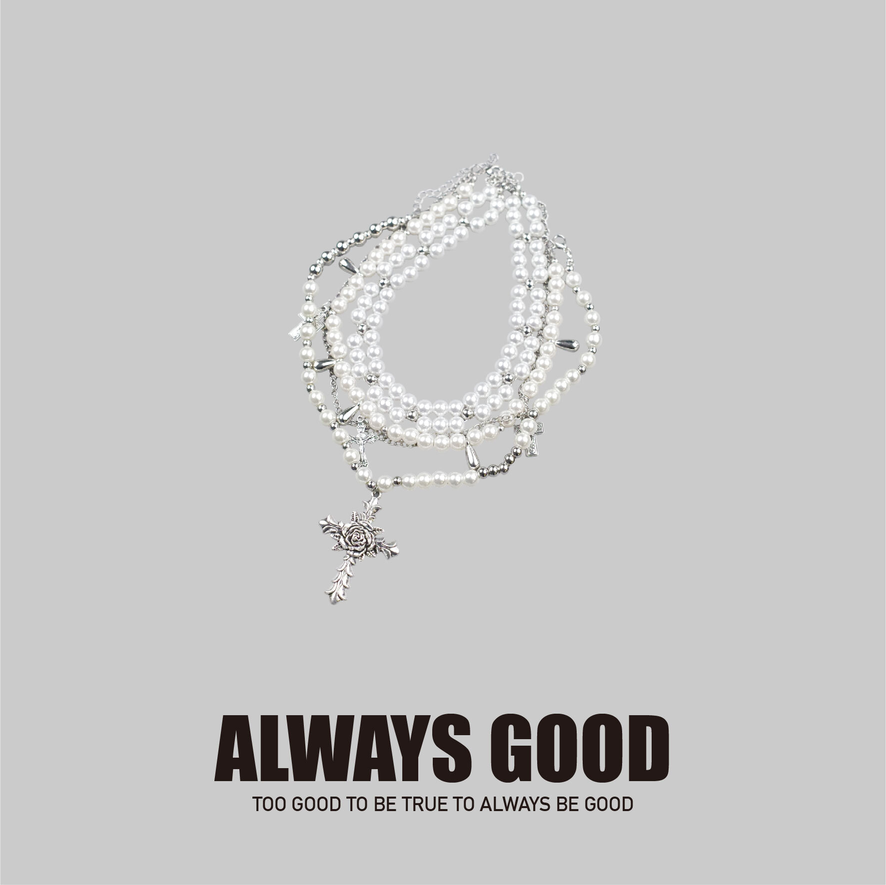 『Always_Good』十字架 水滴 墜飾 多層次 疊戴 珍珠項鍊