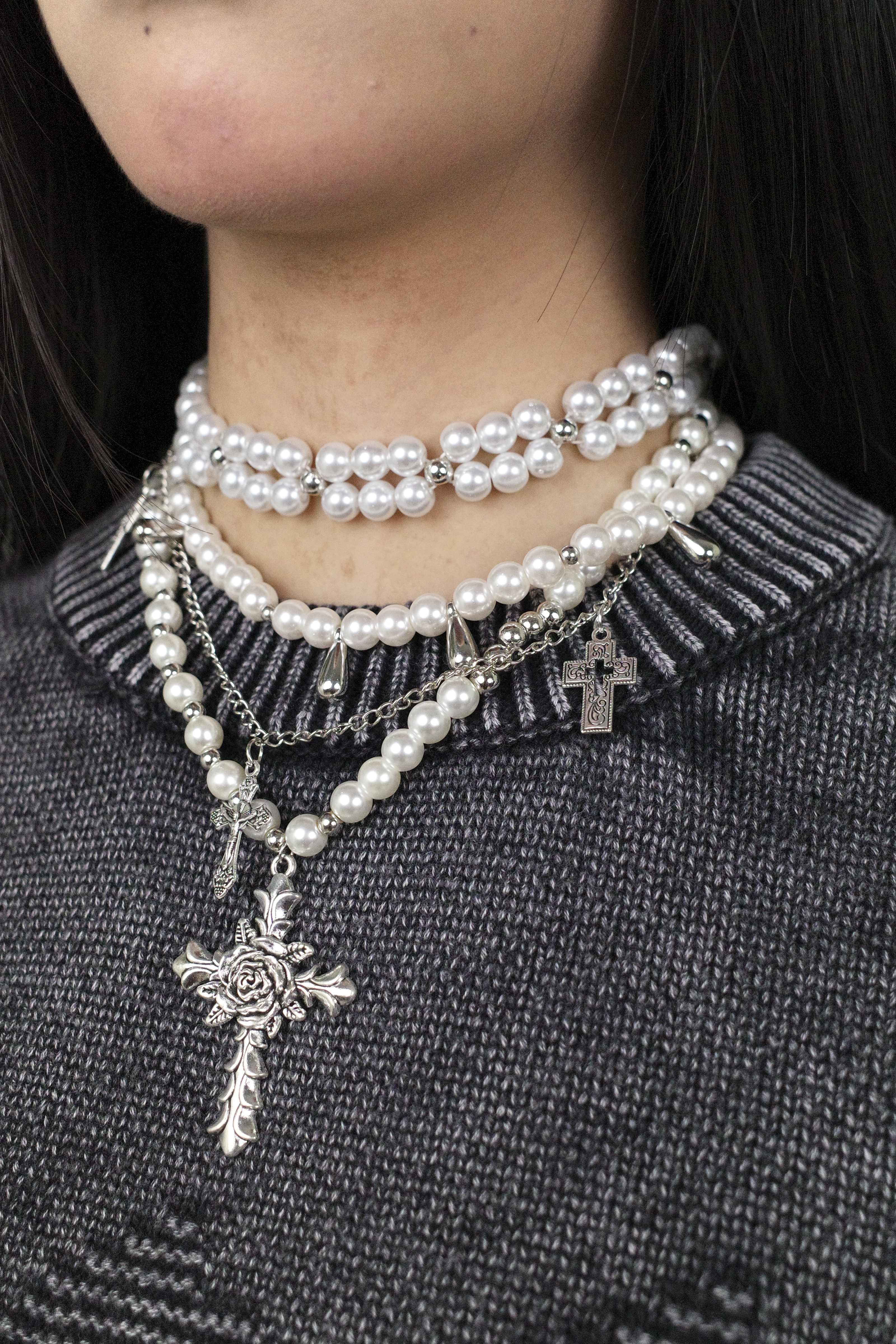 『Always_Good』十字架 水滴 墜飾 多層次 疊戴 珍珠項鍊