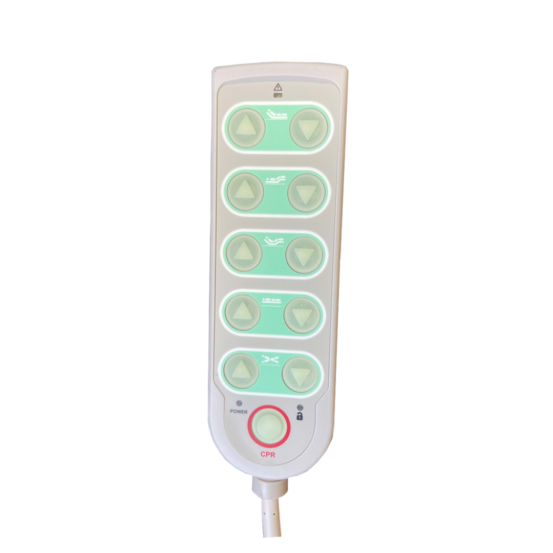 白色電動護理床遙控器，配備五組綠色升降按鈕，可精確調整醫療床的背部、腿部高度及傾斜度。下方設有顯眼的紅色CPR緊急復位按鈕及安全鎖指示燈。此醫院床控制器按鈕圖示清晰，適合香港院舍或家居護理環境，方便照顧者操作，是專業復康用品中常見的醫療床配件。