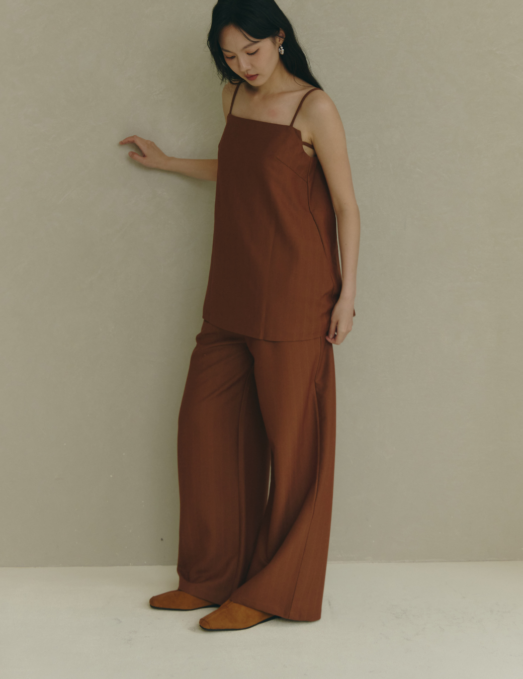 打褶條紋寬版西裝長褲（橘咖色/3尺寸）