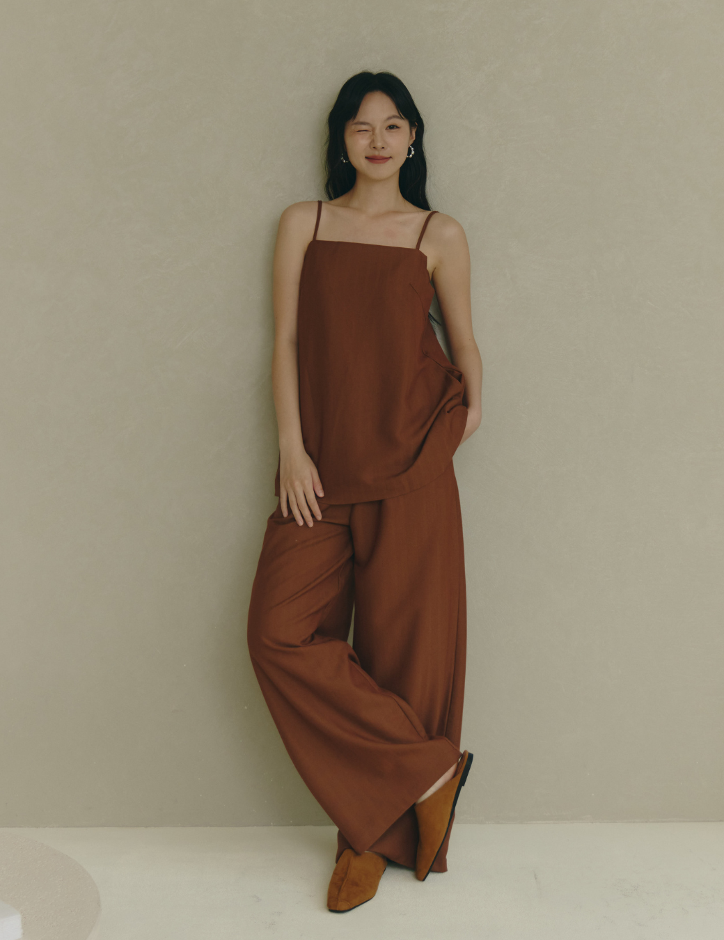 打褶條紋寬版西裝長褲（橘咖色/3尺寸）