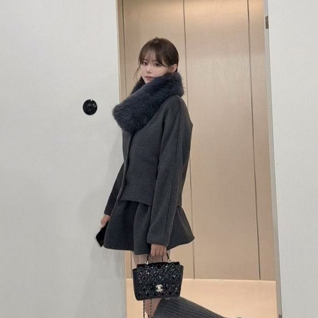 可拆式毛領羽絨毛呢外套+短裙SET-S-M / 2色