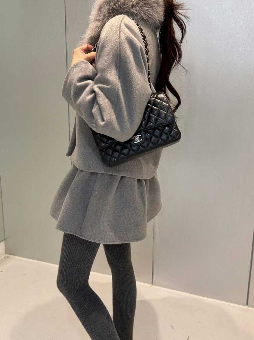 可拆式毛領羽絨毛呢外套+短裙SET-S-M / 2色