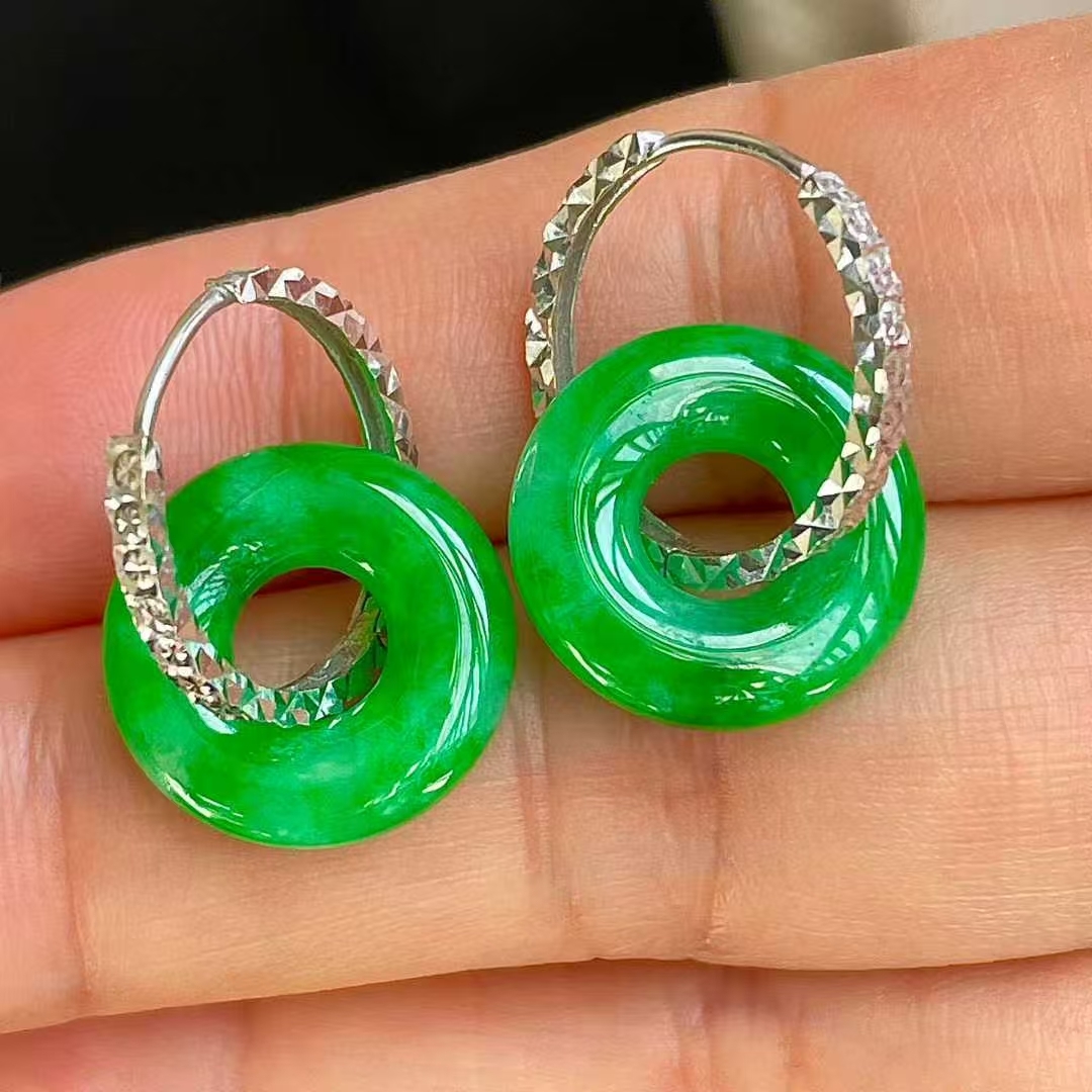 12185518 翡翠冰陽綠平安扣耳墜 (14.8mm直徑)