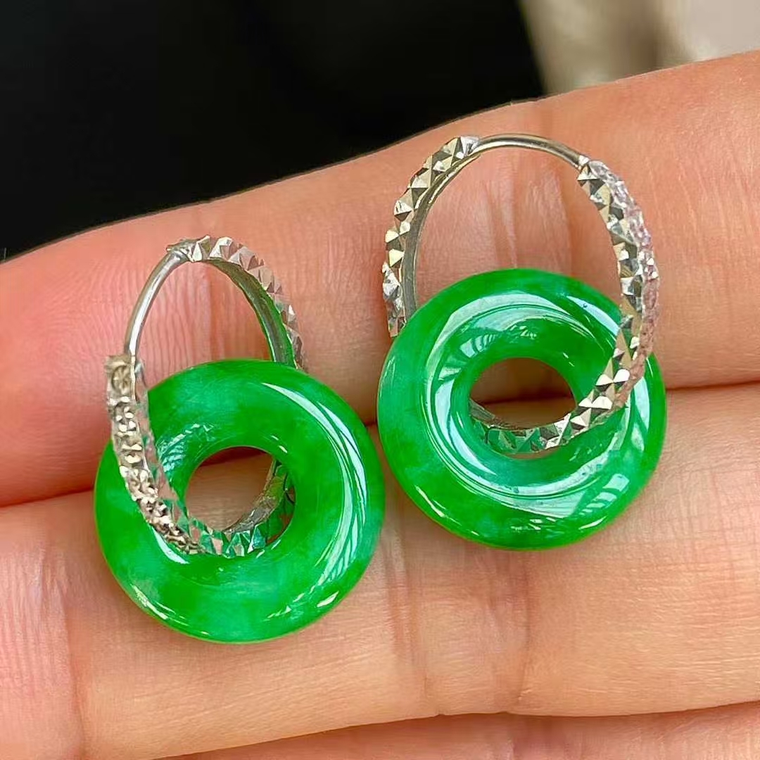翡翠冰陽綠平安扣耳墜 (14.8mm直徑),天然翡翠A玉, 緬甸玉, Jade, Jadeite