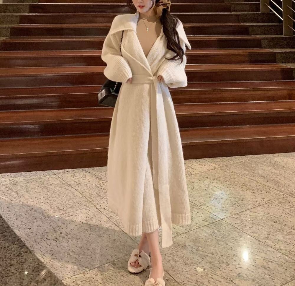 溫柔女子V字翻領長版針織外套-附綁帶 / 3色