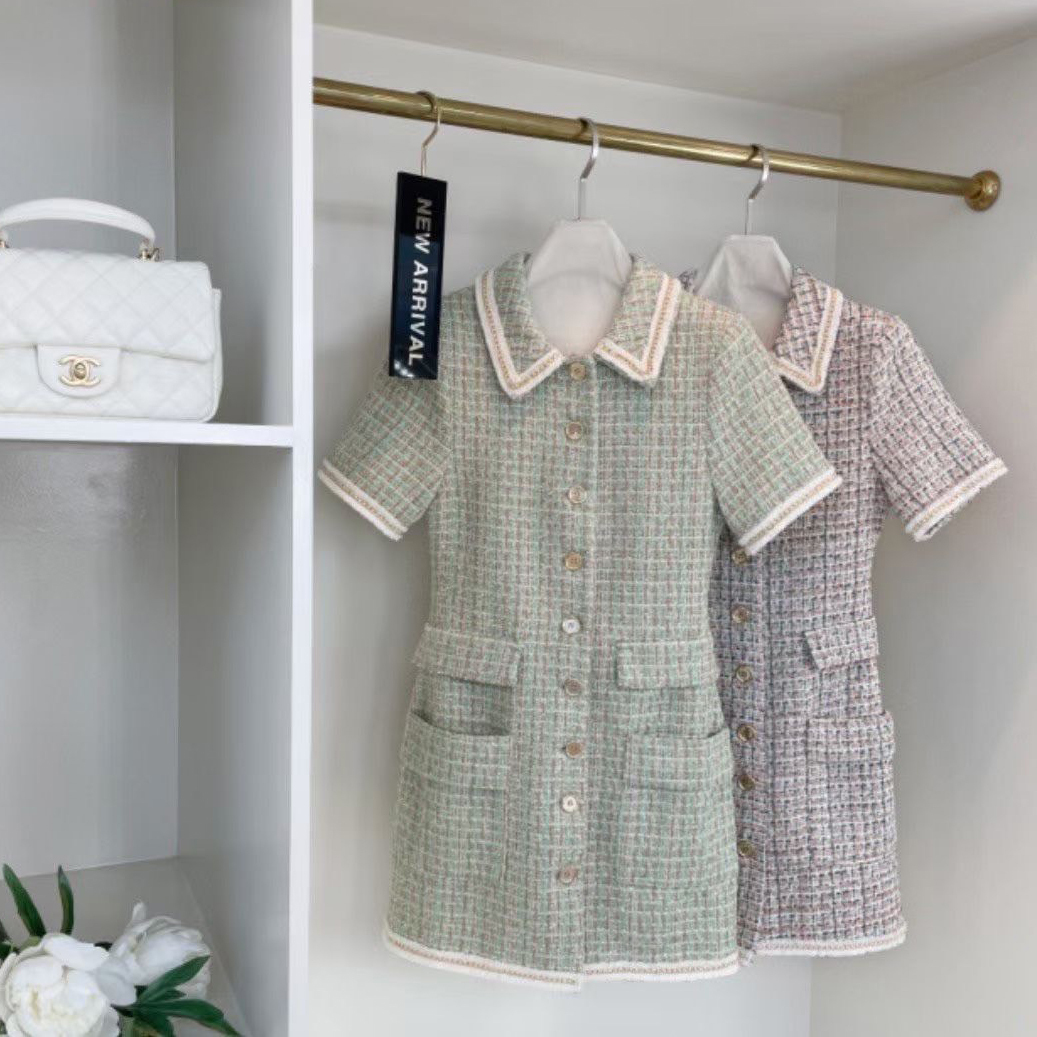 配色滾邊軟呢收腰合身小香短洋裝S-L / 2色