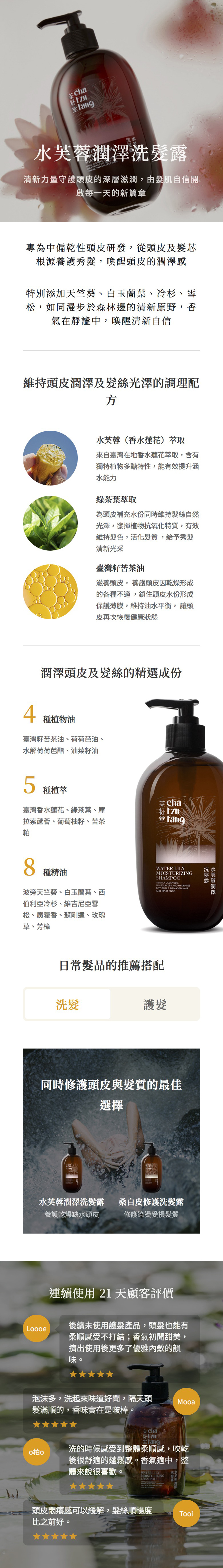 籽 茶 水洗    AND  清新力量守護頭皮的深層滋潤由肌自信開啟每一天的新篇章專為中偏乾性頭皮研發從頭皮及髮芯根源養護秀髮喚醒頭皮的潤澤感特別添加天竺葵、白玉蘭葉、冷杉、雪松如同漫步於森林邊的清新原野,香氣在靜謐中,喚醒清新自信維持頭皮潤澤及髮絲光澤的調理配水芙蓉(香水蓮花) 萃取來自臺灣在地香水蓮花萃取,含有獨特植物多醣特性,能有效提升涵水能力綠茶葉萃取為頭皮補充水份同時維持髮絲自然光澤,發揮植物抗氧化特質,有效維持髮色,活化髮質,給予秀髮清新光采臺灣籽苦茶油滋養頭皮, 養護頭皮因乾燥形成的各種不適, ,鎖住頭皮水份形成保護薄膜,維持油水平衡, 讓頭皮再次恢復健康狀態潤澤頭皮及髮絲的精選成份4種植物油臺灣籽苦茶油、荷荷芭油、水解荷荷芭酯、油菜籽油5種植萃臺灣香水蓮花、綠茶葉、庫茶 Cha籽 拉索蘆薈、葡萄柚籽、苦茶粕 8種精油WATER LILYSHAMPOOGENTLY CLEANSES,MOISTURIES AND  SCALP,  波旁天竺葵、白玉蘭葉、西AND SPLIT ENDS.伯利亞冷杉、維吉尼亞雪松、廣藿香、蘇剛達、玫瑰草、芳樟日常髮品的推薦搭配洗髮護髮同時修護頭皮與髮質的最佳選擇水芙蓉潤澤洗髮露 桑白皮修護洗髮露養護乾燥缺水頭皮修護染燙受損髮質Loooe連續使用 21 天顧客評價後續未使用護髮產品,頭髮也能有柔順感受不打結;香氣初聞甜,擠出使用後更多了優雅內斂的韻味。泡沫多,洗起來味道好聞,隔天頭Mooa髮滿順的,香味實在是啵棒。茶 Cha籽 Z 柏洗的時候感受到整體柔順感,吹乾後很舒適的蓬鬆感。香氣適中,整體來說很喜歡。WATER LILY洗水MOISTURIZINGSHAMPOO AND HYDRATESGENTLY DRY SCALP, DAMAGED HAIR美頭皮悶癢感可以緩解,髮絲順暢度比之前好。Tooi水芙蓉潤澤洗髮露