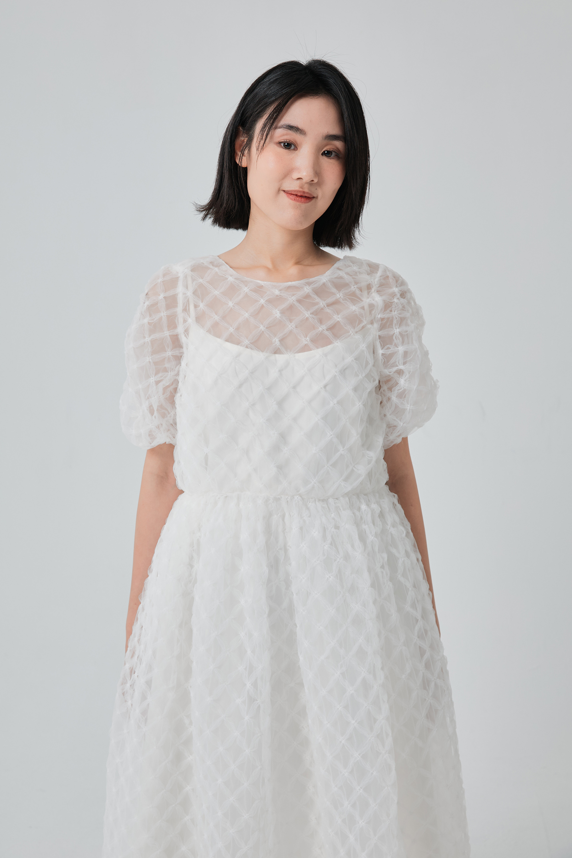 柔霧格紋紗洋裝