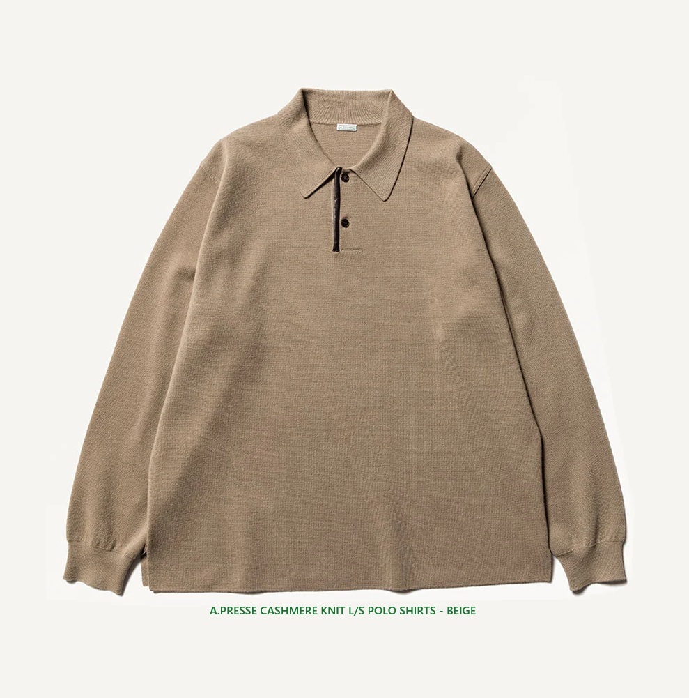 ON SALE: A.PRESSE CASHMERE KNIT L/S POLO SHIRTS - BEIGE SIZE 3 PRE ORDER ITEM (預訂中)