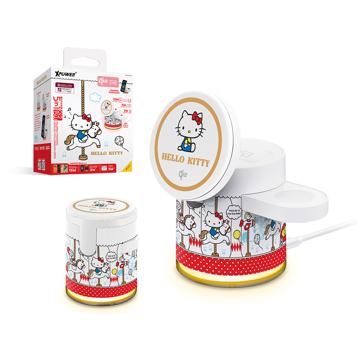 XPower x Sanrio Hello Kitty GE1 Qi2迷你掌心5合1 MagCharge 15W磁吸無線充電座