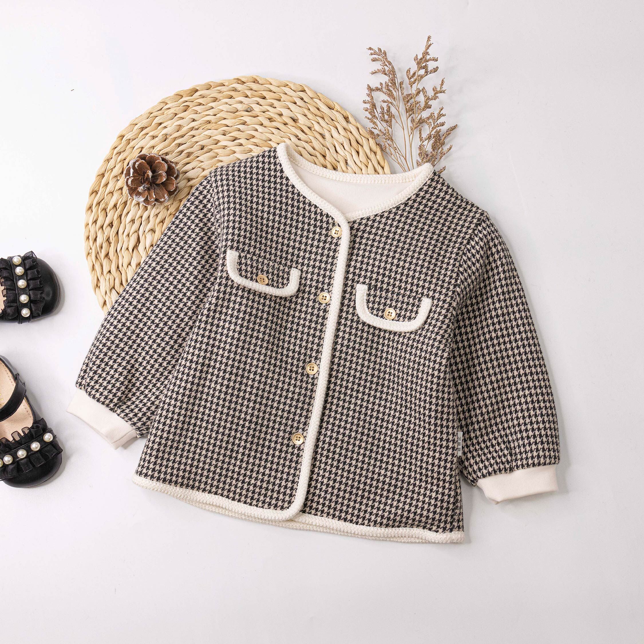 純淨系列【T3134】優雅千鳥格鋪棉外套